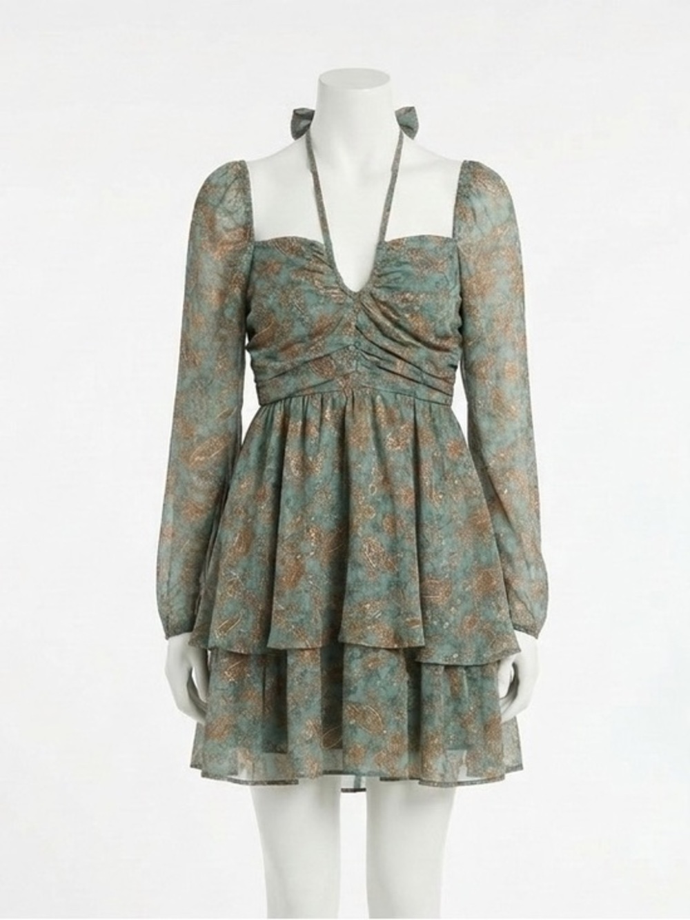 Moon River Metallic Floral Tiered Long Sleeve Mini Dress Fairycore Coquette Sz L